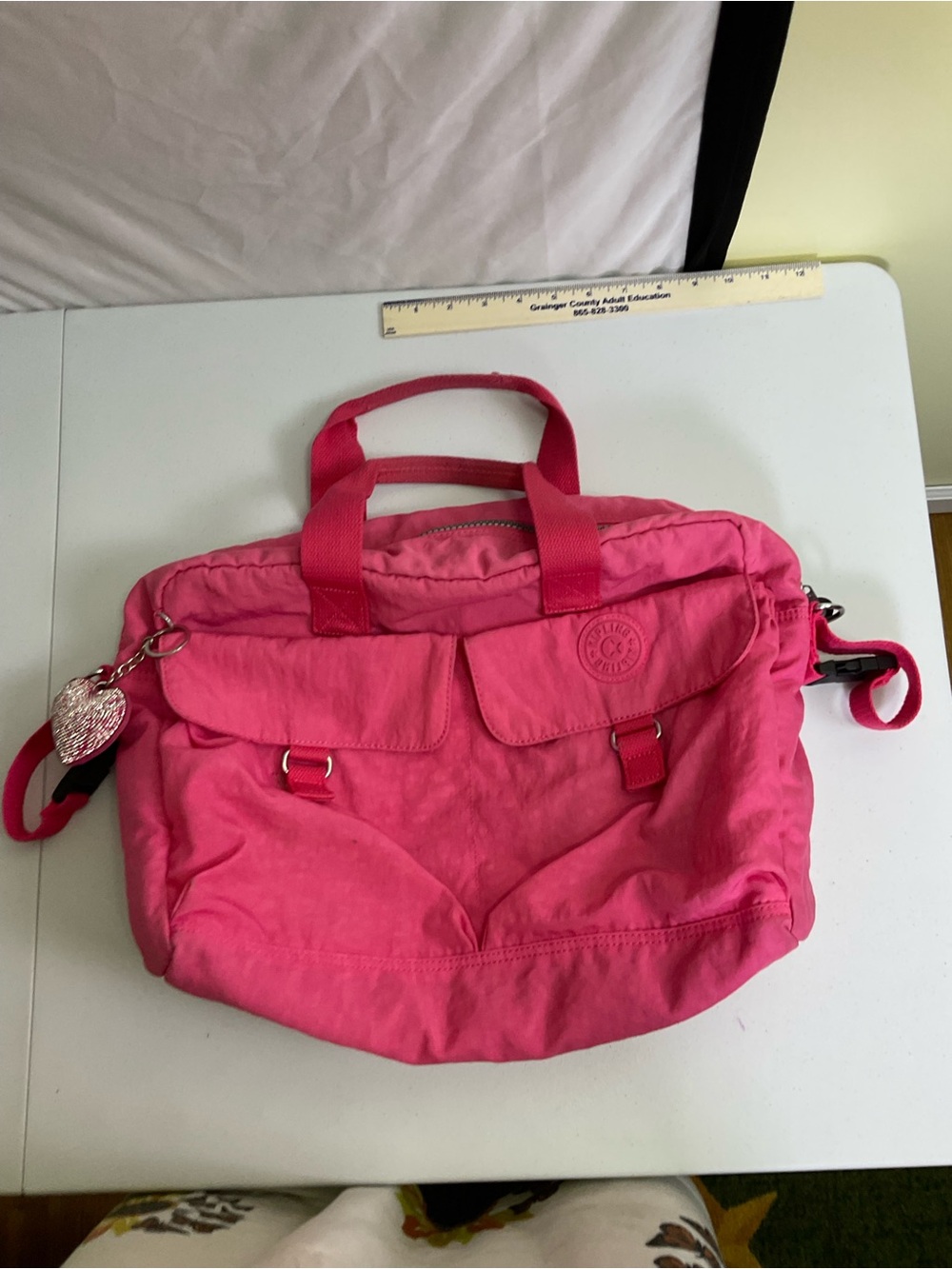 Kipling Hot Pink Convertible Baby Bag with Heart Charm